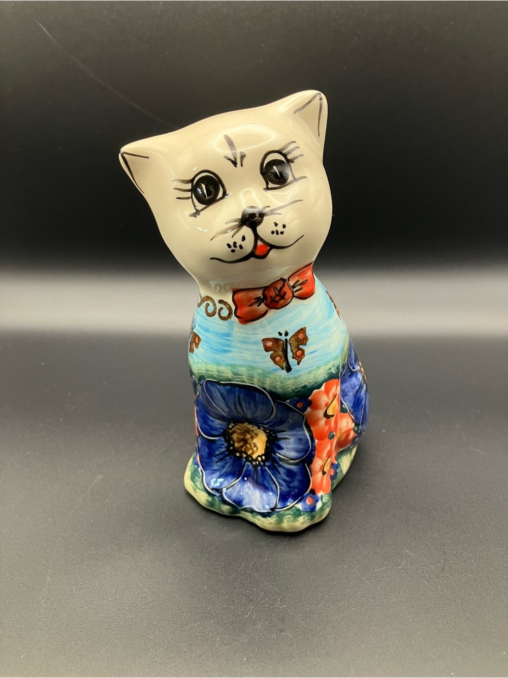 Polish Pottery Hand-Painted Ceramic Cat Figurine in Blue and Cream